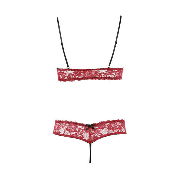Soutien-gorge, bonnets ouverts, en dentelle rouge et string assorti 